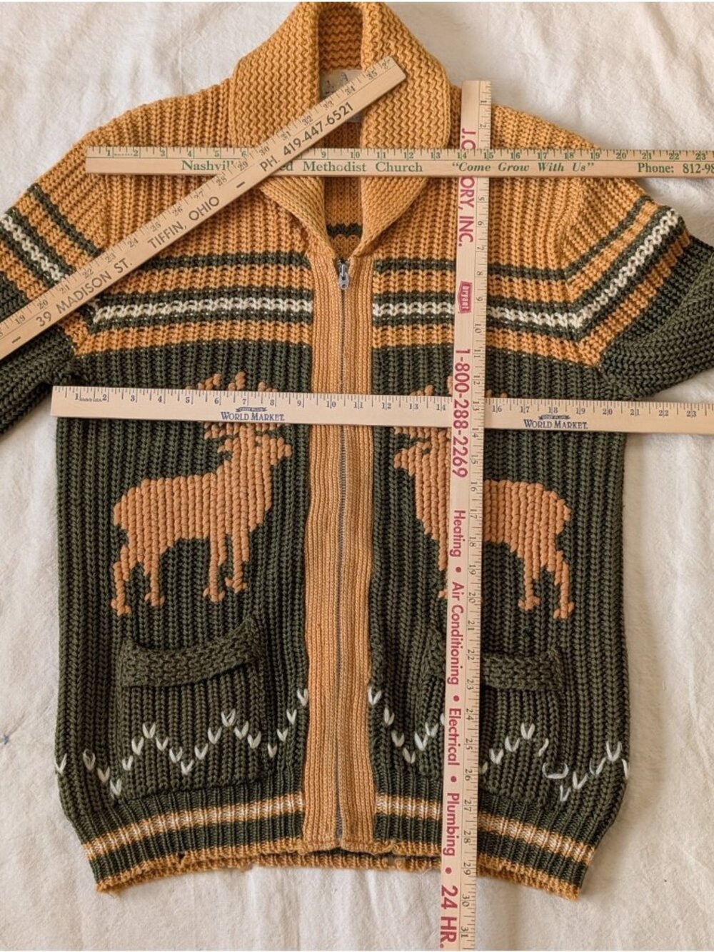 Vintage 50s Caldwell Knit Mills Canada Cowichan Elk Graphic Zip Sweater Wool M/L - Picture 8 of 15